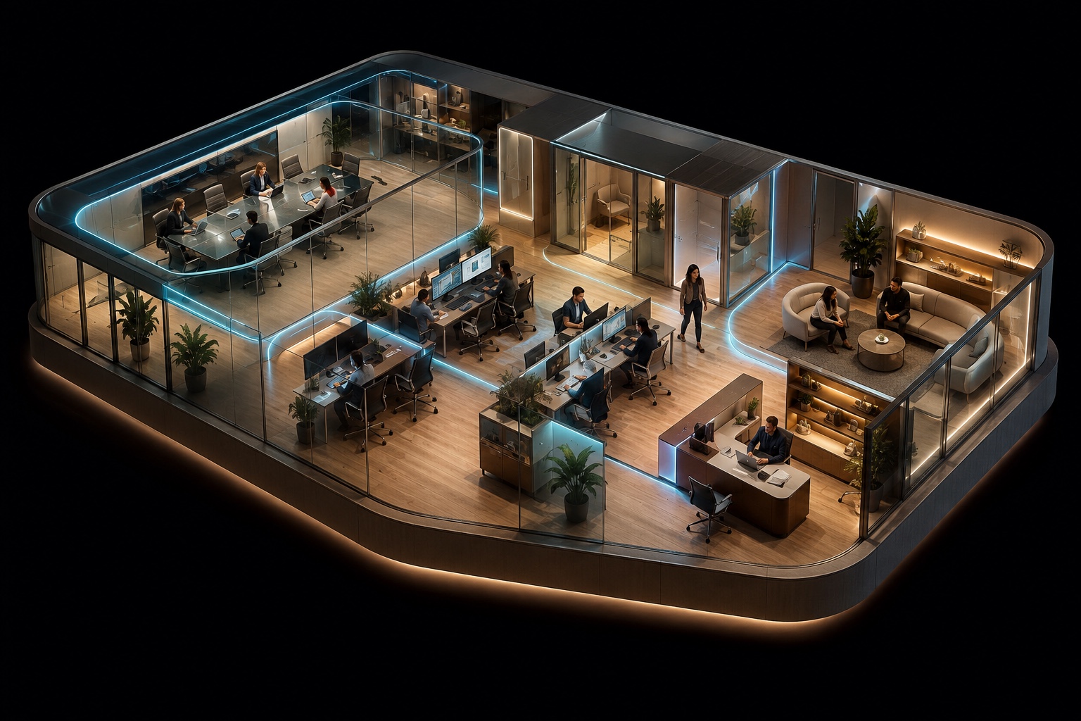 Conceptual office scene showing people working and collaborating.